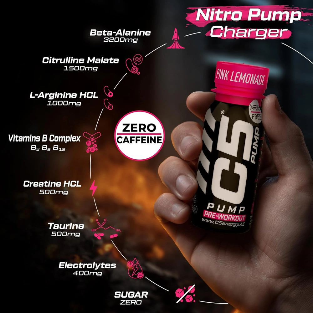 C5 PUMP Shot Pre-Workout, Caffeine-Free (Pack of 12, Pink Lemonade)