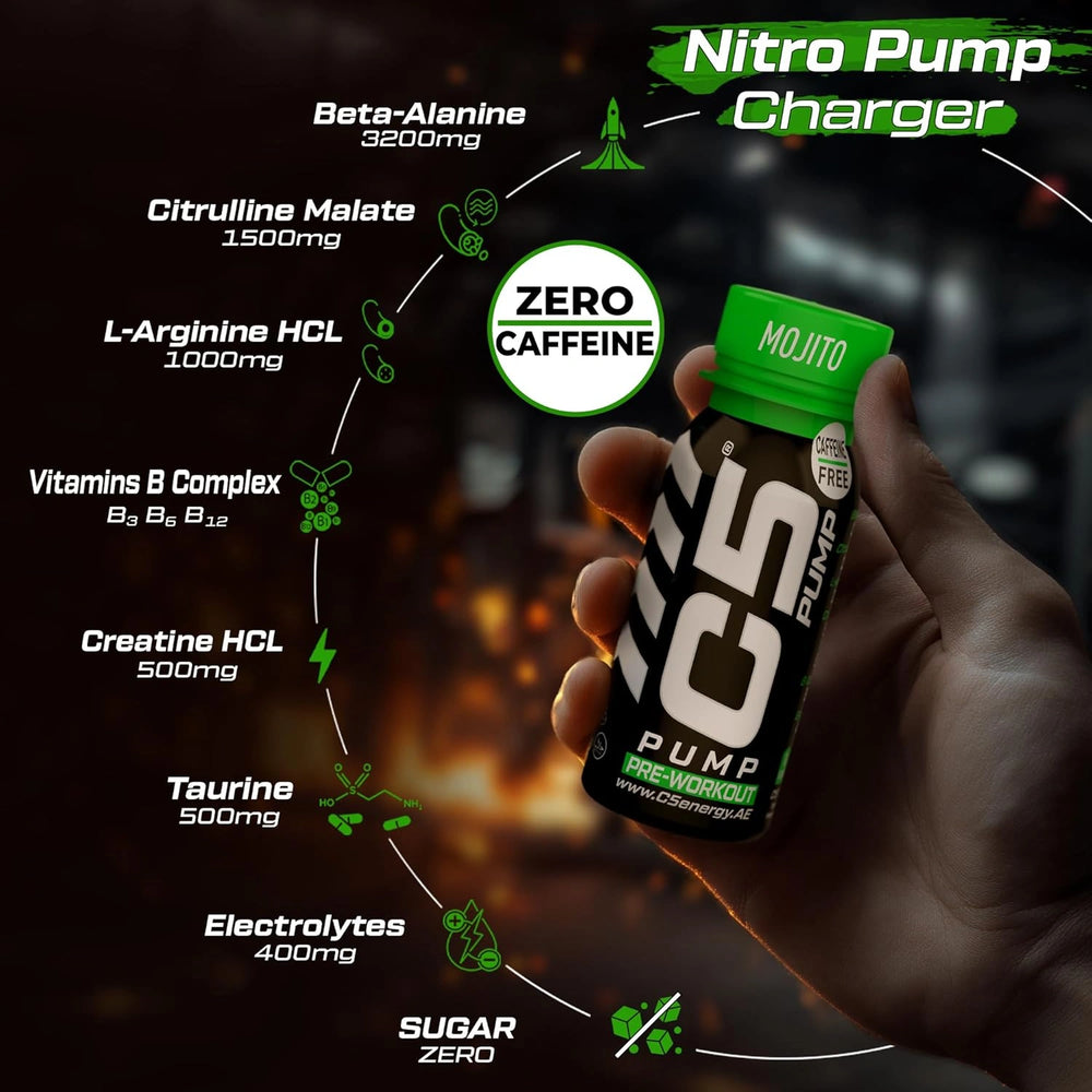 C5 PUMP Shot Pre-Workout, Caffeine-Free (Pack of 12, Mojito)