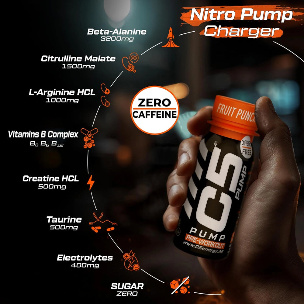 C5 PUMP Shot Pre-Workout, Caffeine-Free (Pack of 12, Fruit Punch)