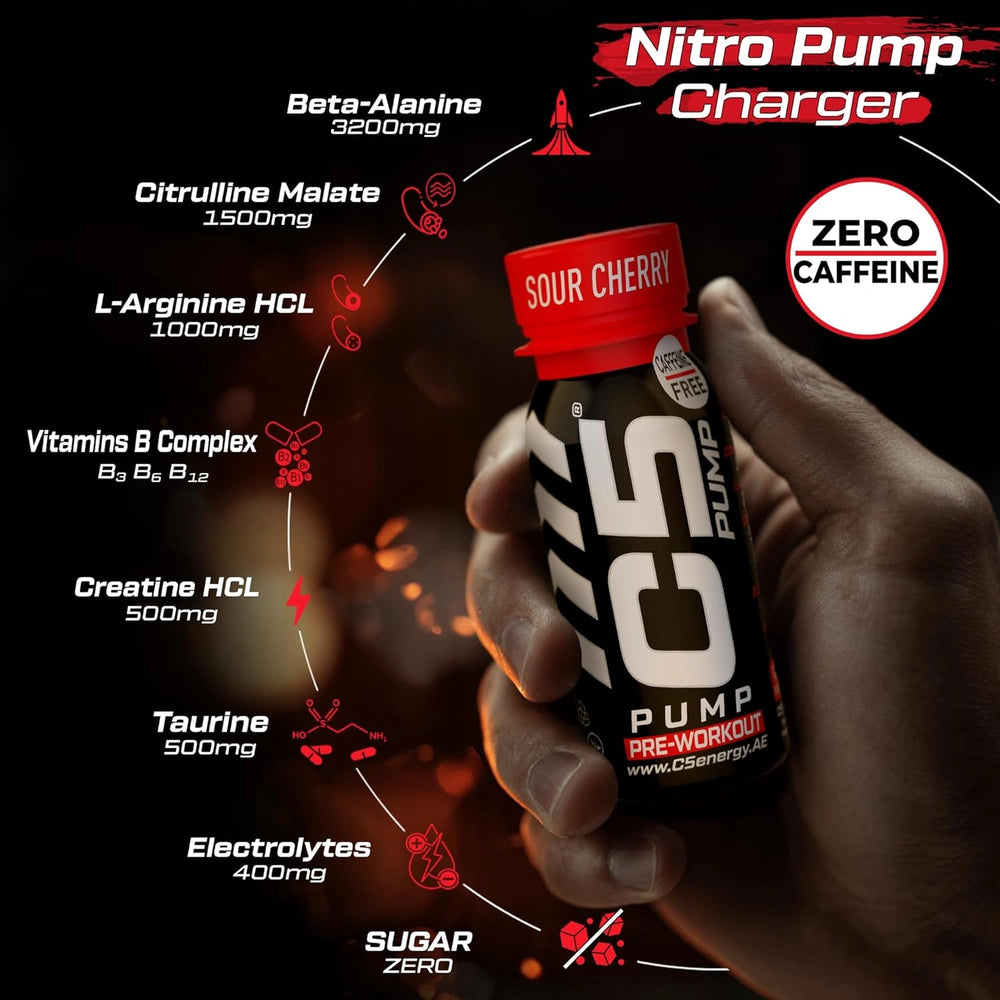 C5 PUMP Shot Pre-Workout, Caffeine-Free (Pack of 12, Sour Cherry)