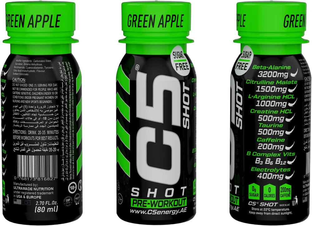 C5 SHOT Pre-Workout Drink | 80ml Liquid Shot | 200mg Caffeine - Green Apple