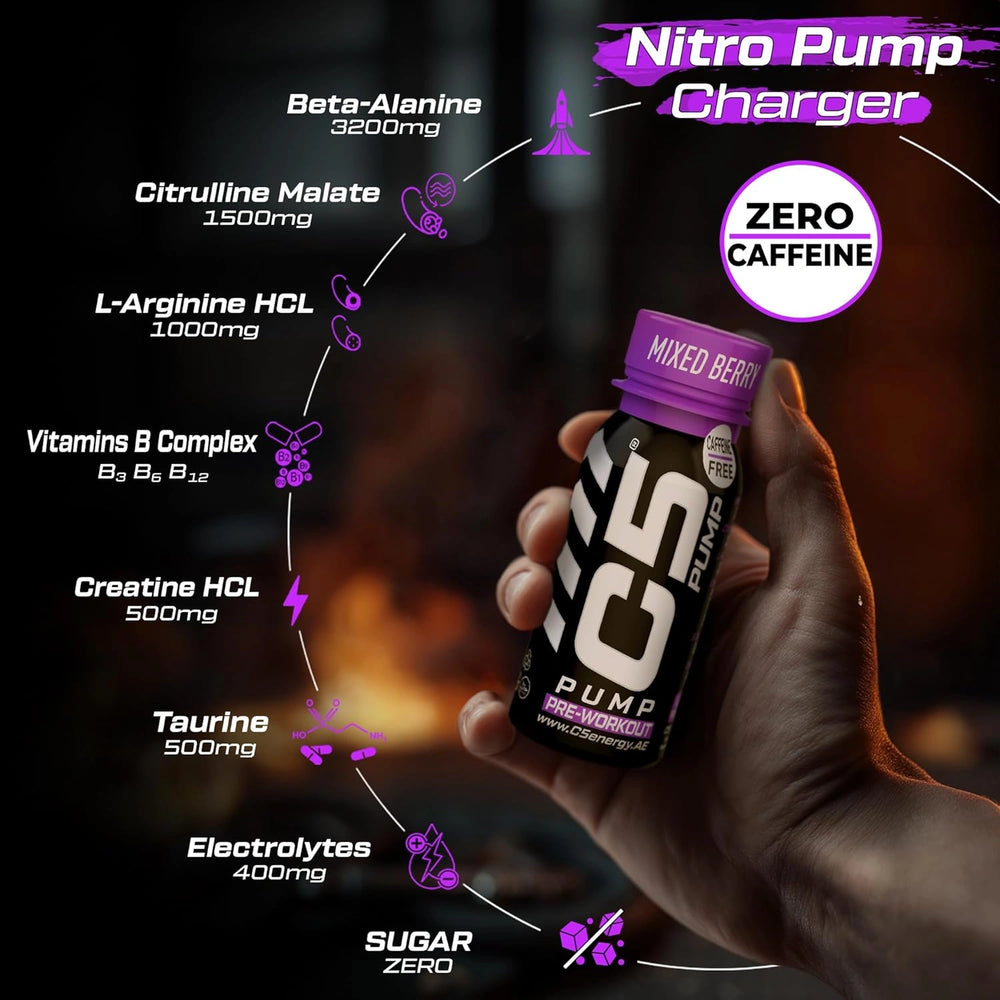 C5 PUMP Shot Pre-Workout, Caffeine-Free (Pack of 12, Mixed Berry)