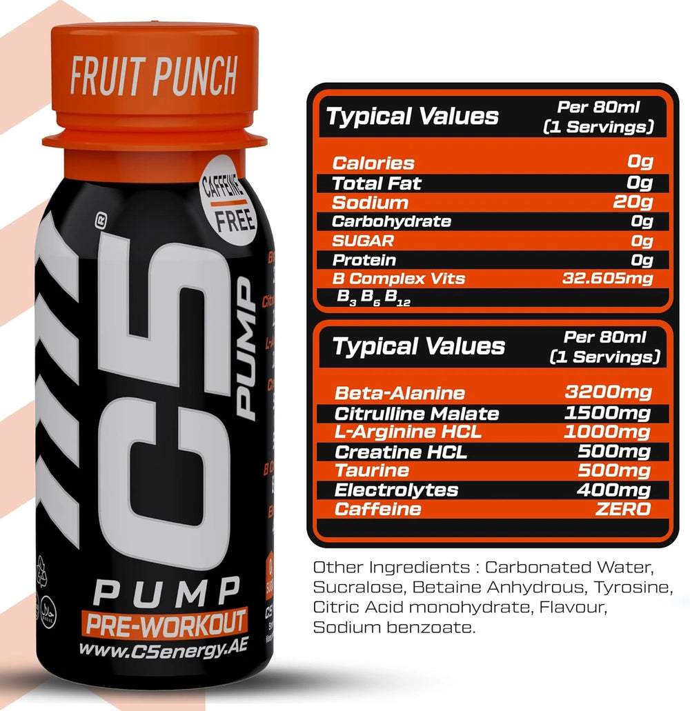 C5 PUMP Shot Pre-Workout, Caffeine-Free (Pack of 12, Fruit Punch)