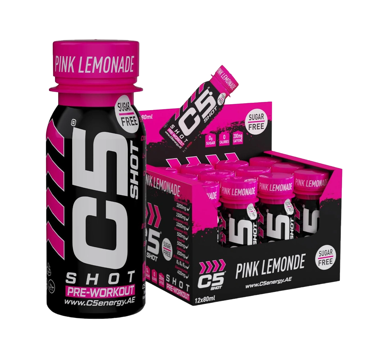C5 SHOT Pre-Workout Drink | 80ml Liquid Energy Shot | 200mg Caffeine -Pink Lemonade - Ultramade