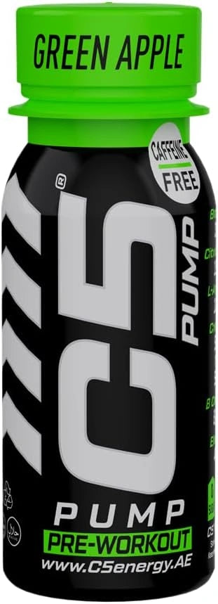 C5 PUMP Shot Pre-Workout, Caffeine-Free (Pack of 12,Green Apple)