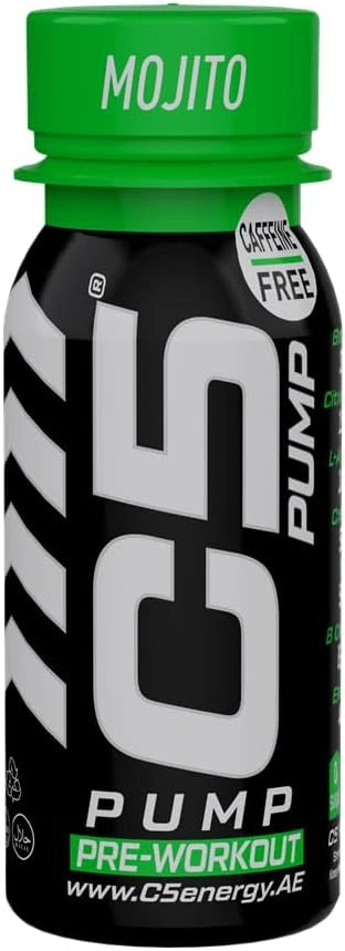 C5 PUMP Shot Pre-Workout, Caffeine-Free (Pack of 12, Mojito)
