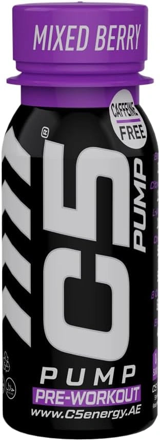 C5 PUMP Shot Pre-Workout, Caffeine-Free (Pack of 12, Mixed Berry)