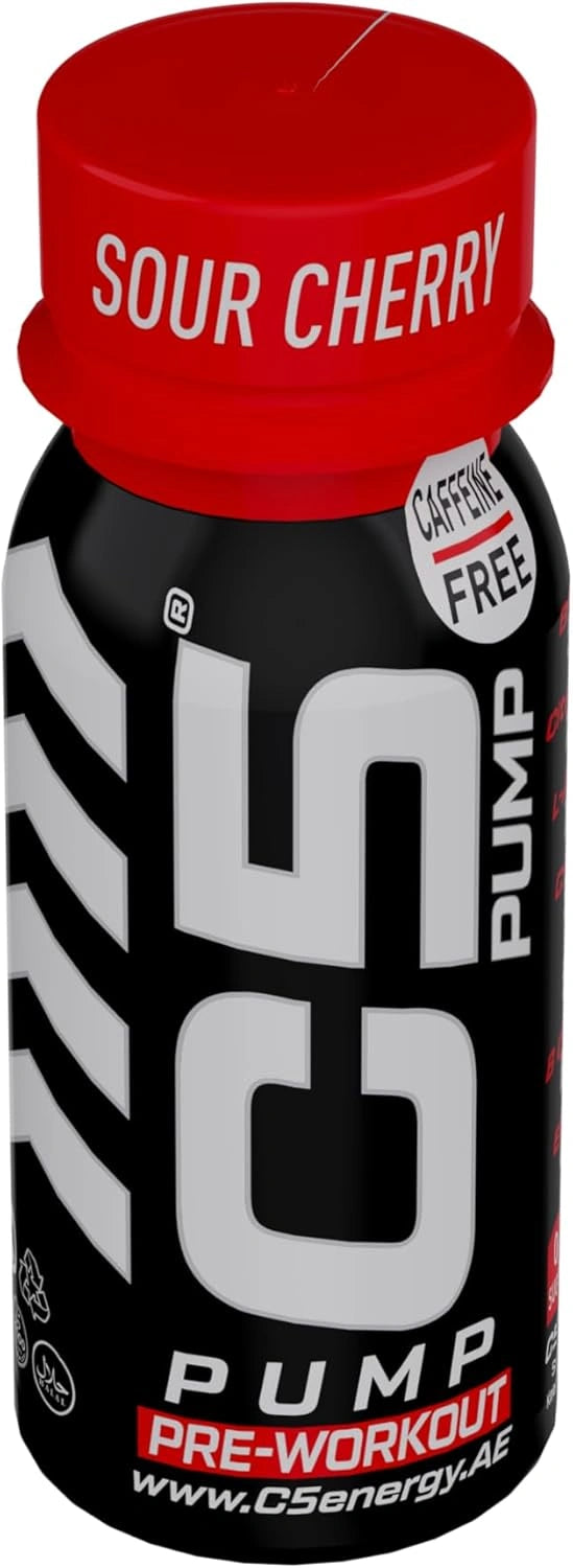 C5 PUMP Shot Pre-Workout, Caffeine-Free (Pack of 12, Sour Cherry)