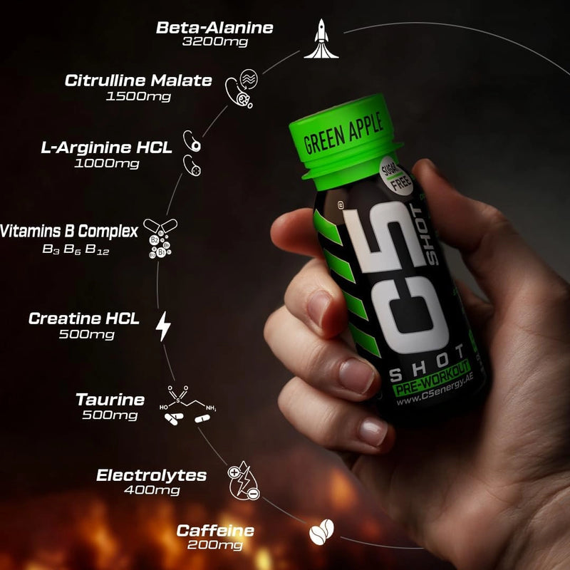 C5 SHOT Pre-Workout Drink | 80ml Liquid Shot | 200mg Caffeine - Green Apple