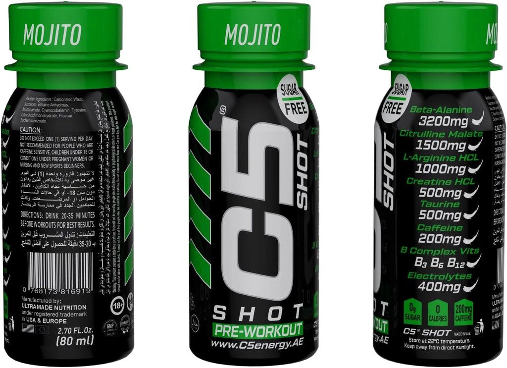 C5 SHOT Pre-Workout Drink | 80ml Liquid Energy Shot | 200mg Caffeine - Mojito - Ultramade