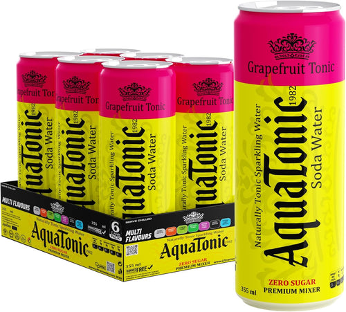AquaTonic Naturally Alkaline Sparkling Water, Zero Sugar Premium Mixer, Multi Flavour Carbonated Beverage, 6 x 355ml Cans - pack of 6 (Pack of 6, Grapefruit) - Ultramade
