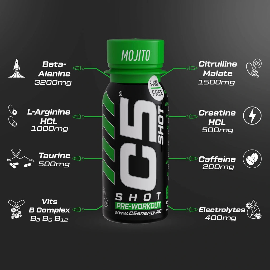 C5 SHOT Pre-Workout Drink | 80ml Liquid Energy Shot | 200mg Caffeine - Mojito - Ultramade