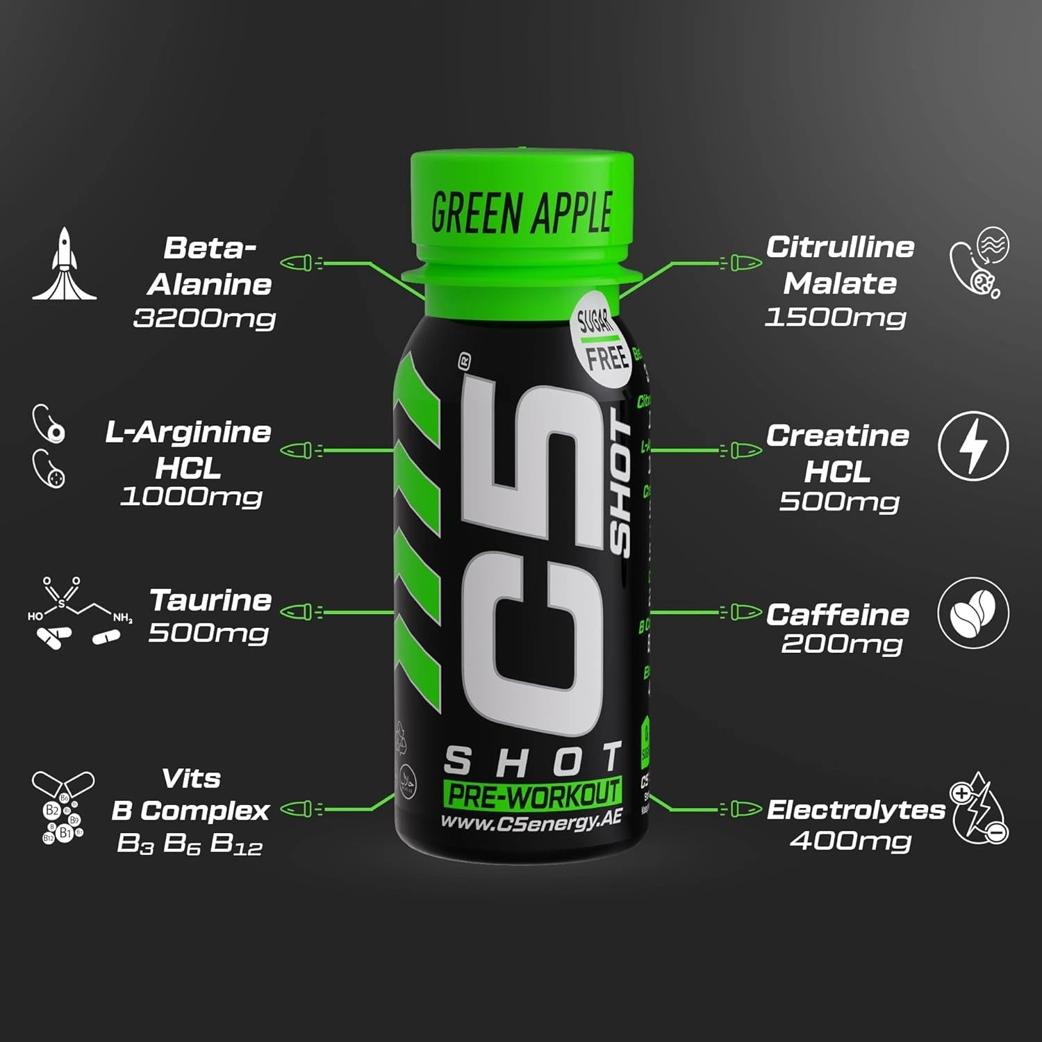 C5 SHOT Pre-Workout Drink | 80ml Liquid Energy Shot | 200mg Caffeine - Green Apple - Ultramade