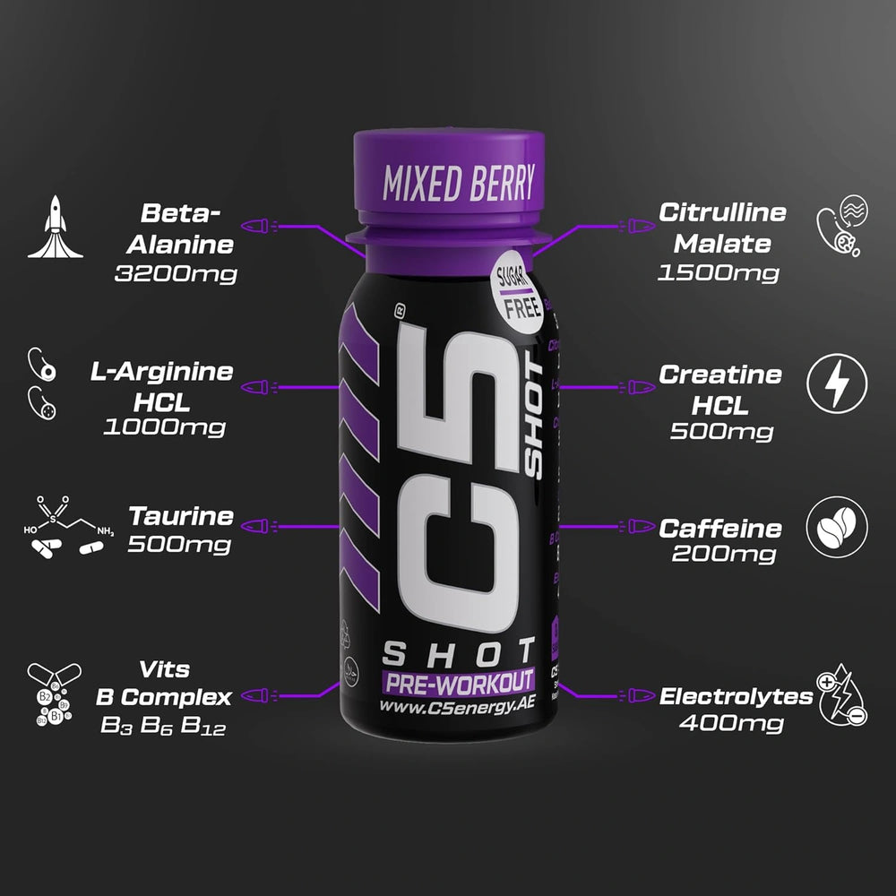 C5 SHOT Pre-Workout Drink | 80ml Liquid Shot | 200mg Caffeine - Mixed Berry