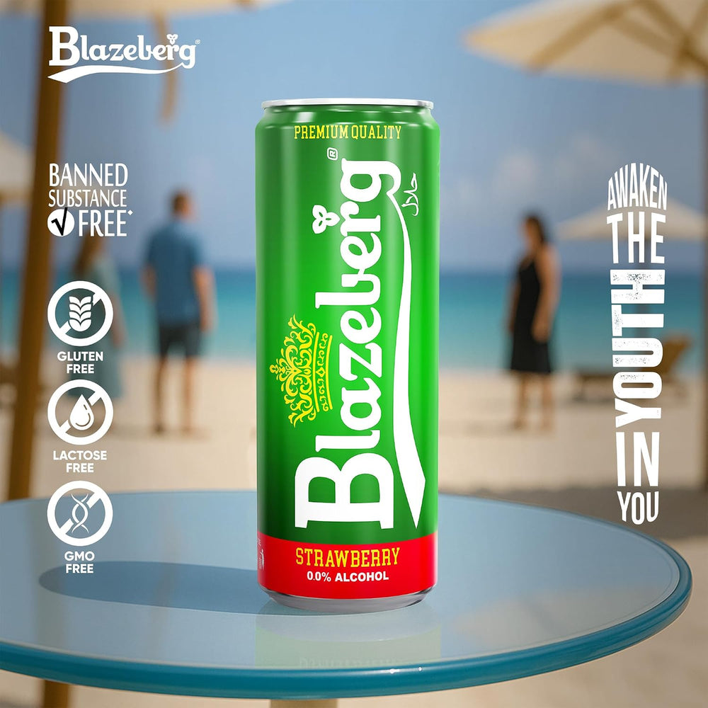 Blazeberg Strawberry Malt Flavour Drink, 0.0% Alcohol, Banned Substance Free, 355ml, Pack of 12
