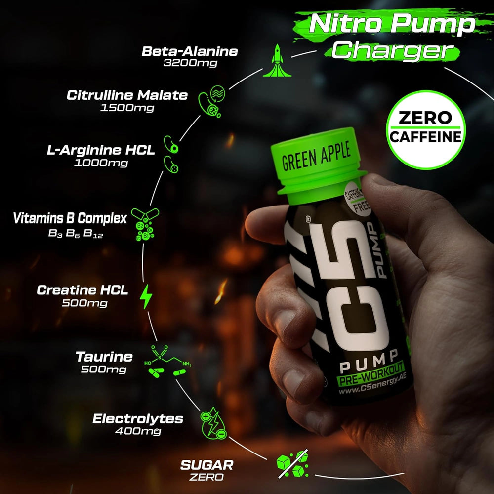 C5 PUMP Shot Pre-Workout, Caffeine-Free (Pack of 12,Green Apple)