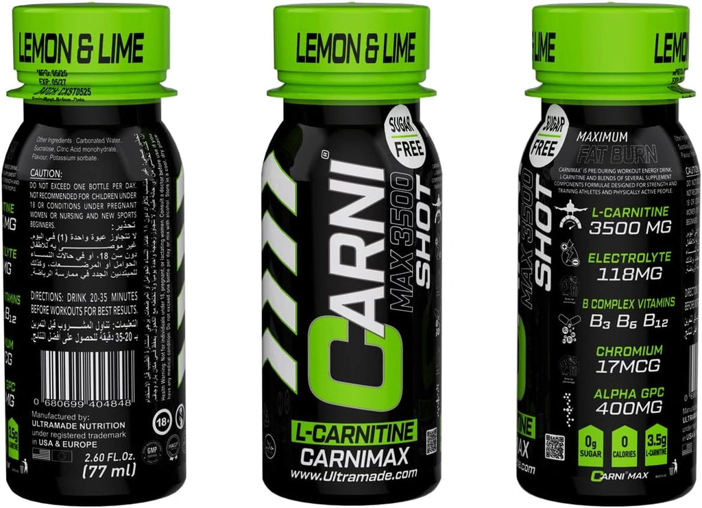 Carni Shot L-Carnitine Sugar-Free Lemon & Lime Pack of 12 - Ultramade