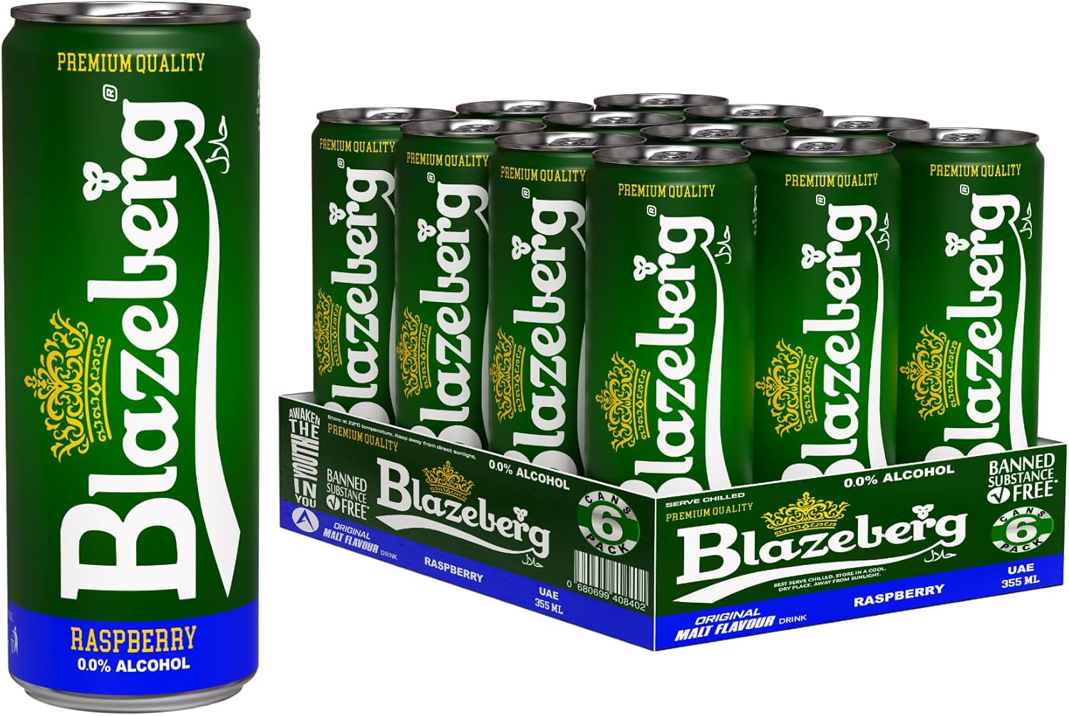 Blazeberg Raspberry Malt Flavour Drink, 0.0% Alcohol, Banned Substance Free, 355ml, Pack of 12