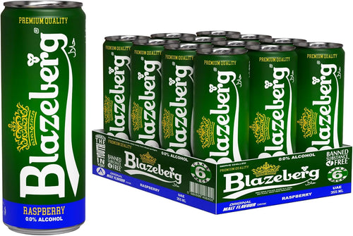 Blazeberg Raspberry Malt Flavour Drink, 0.0% Alcohol, Banned Substance Free, 355ml, Pack of 12 - Ultramade