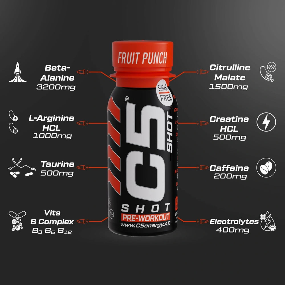 C5 SHOT Pre-Workout Drink | 80ml Liquid Shot | 200mg Caffeine - Sour Cherry