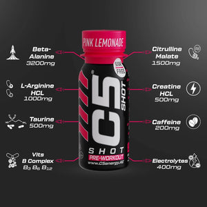 C5 SHOT Pre-Workout Drink | 80ml Liquid Shot | 200mg Caffeine -Pink Lemonade
