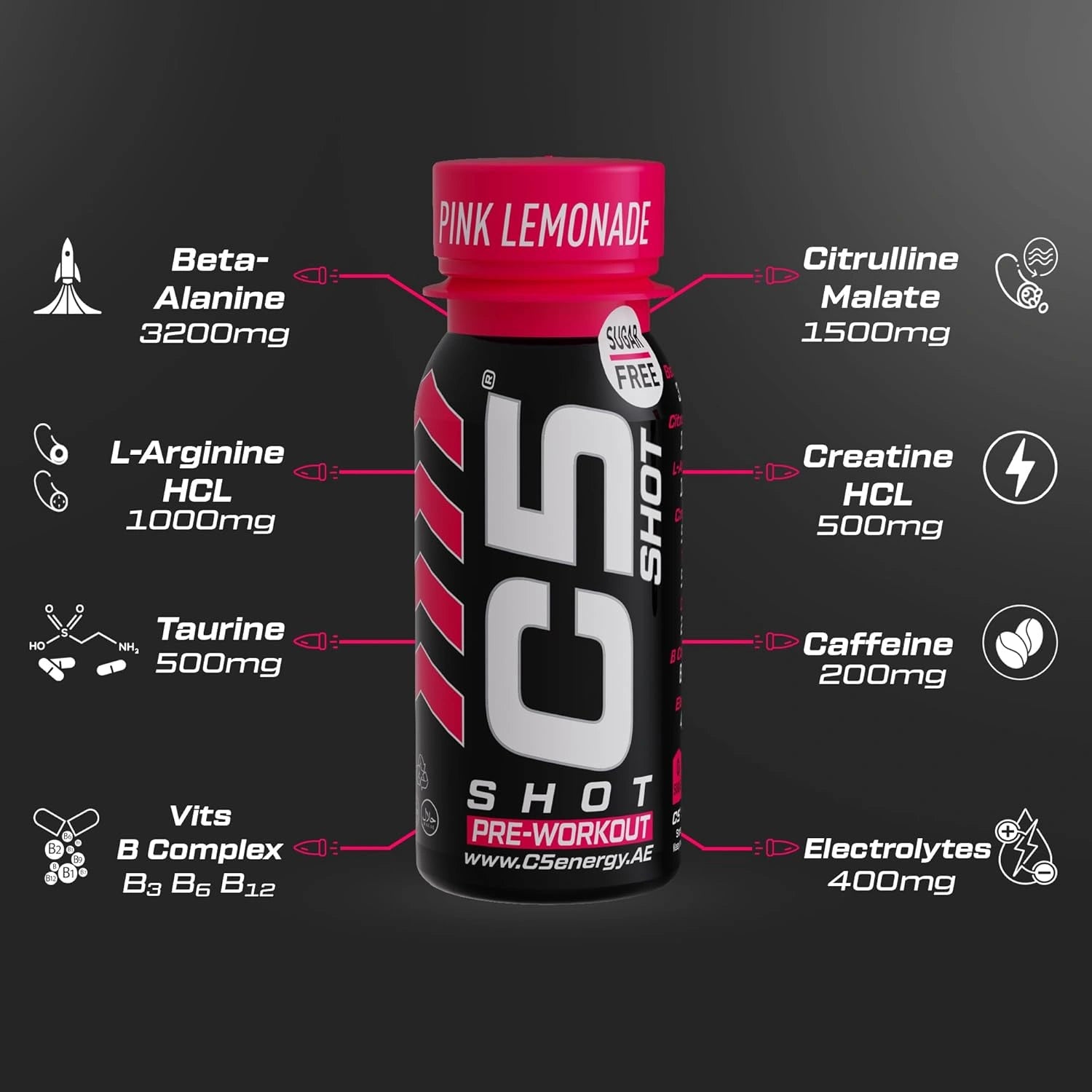 C5 SHOT Pre-Workout Drink | 80ml Liquid Energy Shot | 200mg Caffeine -Pink Lemonade - Ultramade