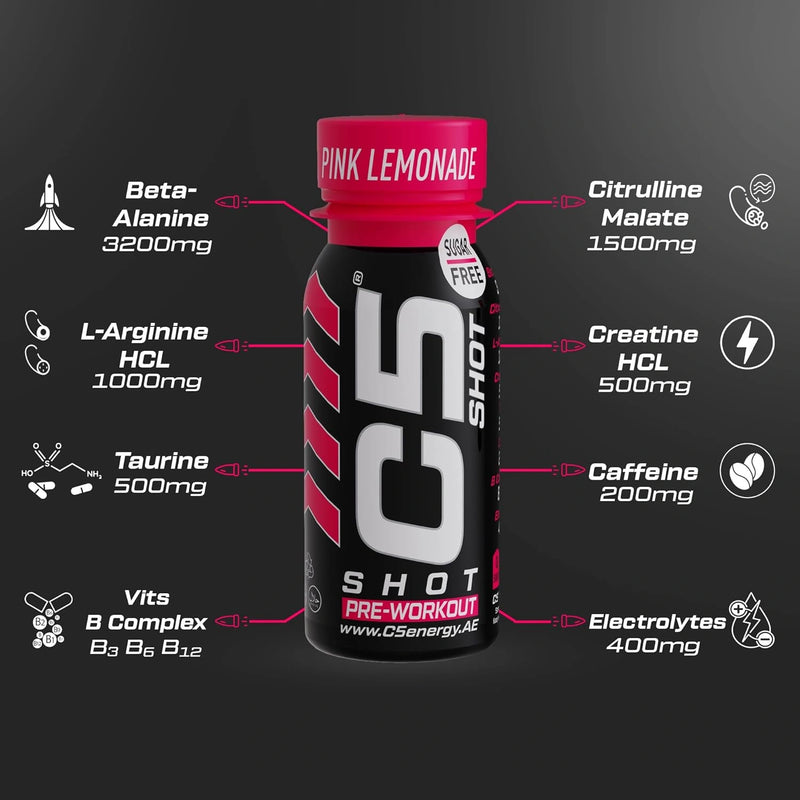 C5 SHOT Pre-Workout Drink | 80ml Liquid Shot | 200mg Caffeine -Pink Lemonade