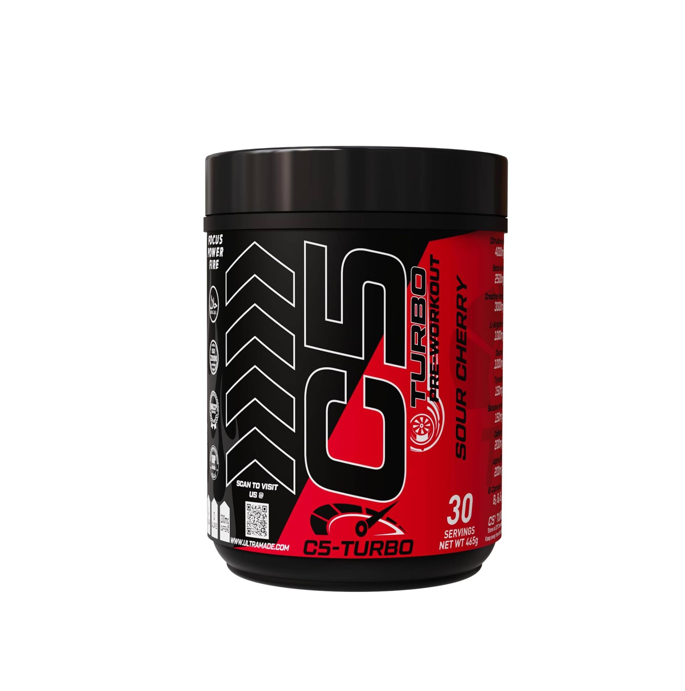 C5 Turbo Pre-Workout Powder –Sour Cherry - Focus, Endurance & Performance Support – 30 Servings - Ultramade