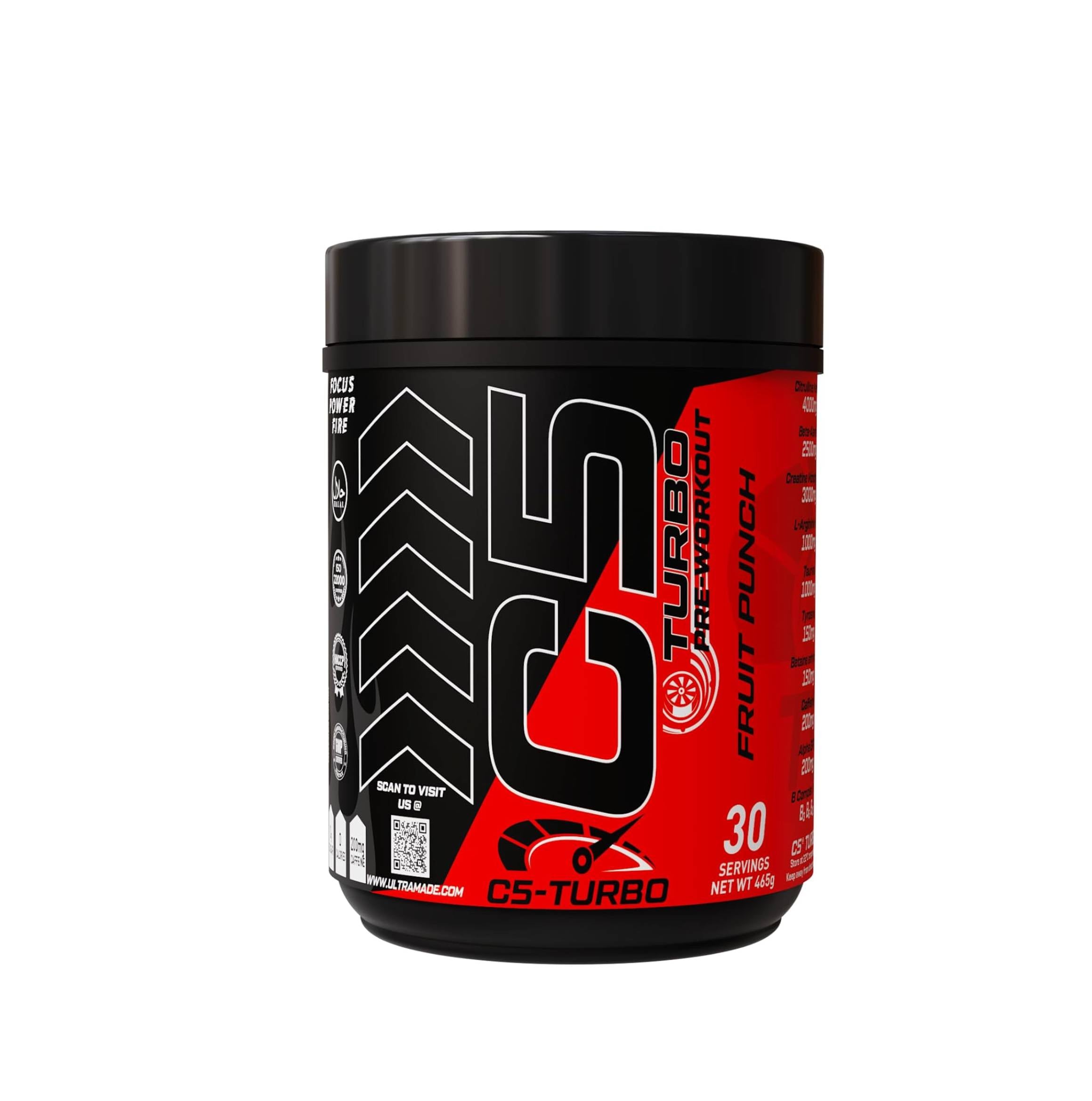C5 Turbo Pre-Workout Powder – Fruit Punch Focus, Endurance & Performance Support – 30 Servings - Ultramade