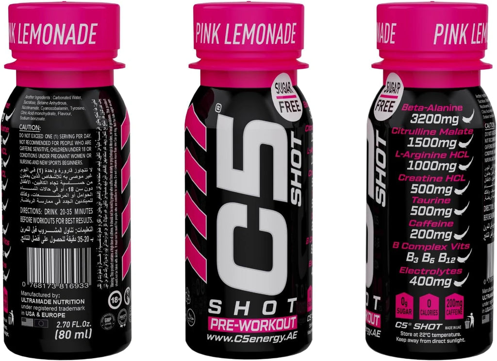 C5 SHOT Pre-Workout Drink | 80ml Liquid Energy Shot | 200mg Caffeine -Pink Lemonade - Ultramade
