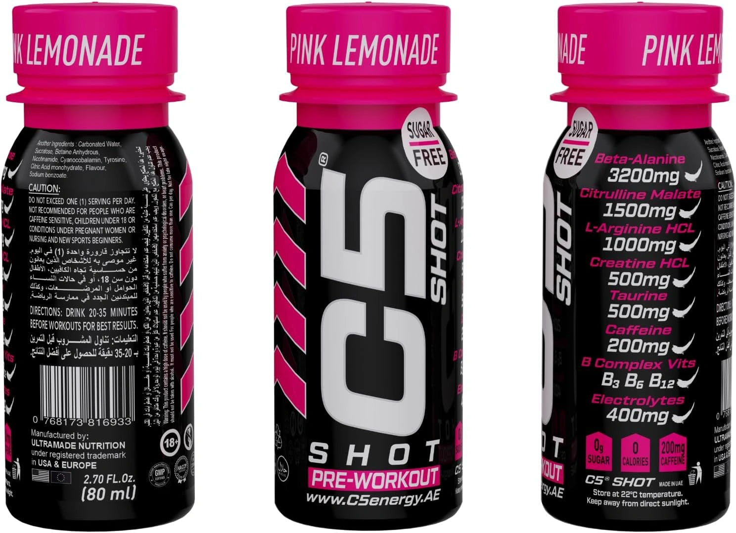 C5 SHOT Pre-Workout Drink | 80ml Liquid Energy Shot | 200mg Caffeine -Pink Lemonade - Ultramade