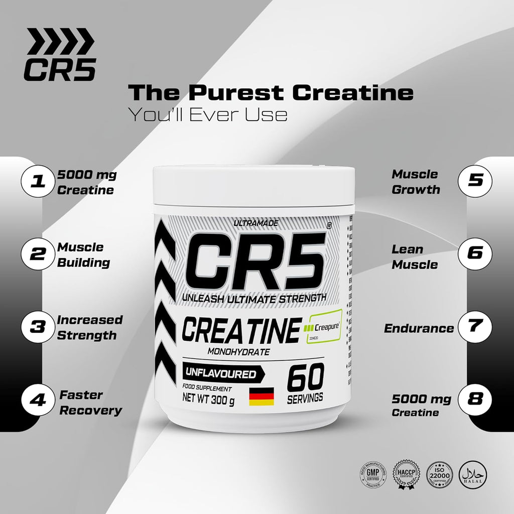CR5 Creatine Monohydrate Powder – Creapure® Micronized, Unflavoured, 5000mg Per Serving, 60 Servings, 300g – Muscle Strength, Power & Recovery Supplement - Ultramade