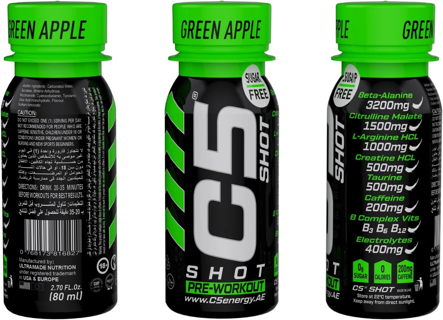 C5 SHOT Pre-Workout Drink | 80ml Liquid Energy Shot | 200mg Caffeine - Green Apple - Ultramade