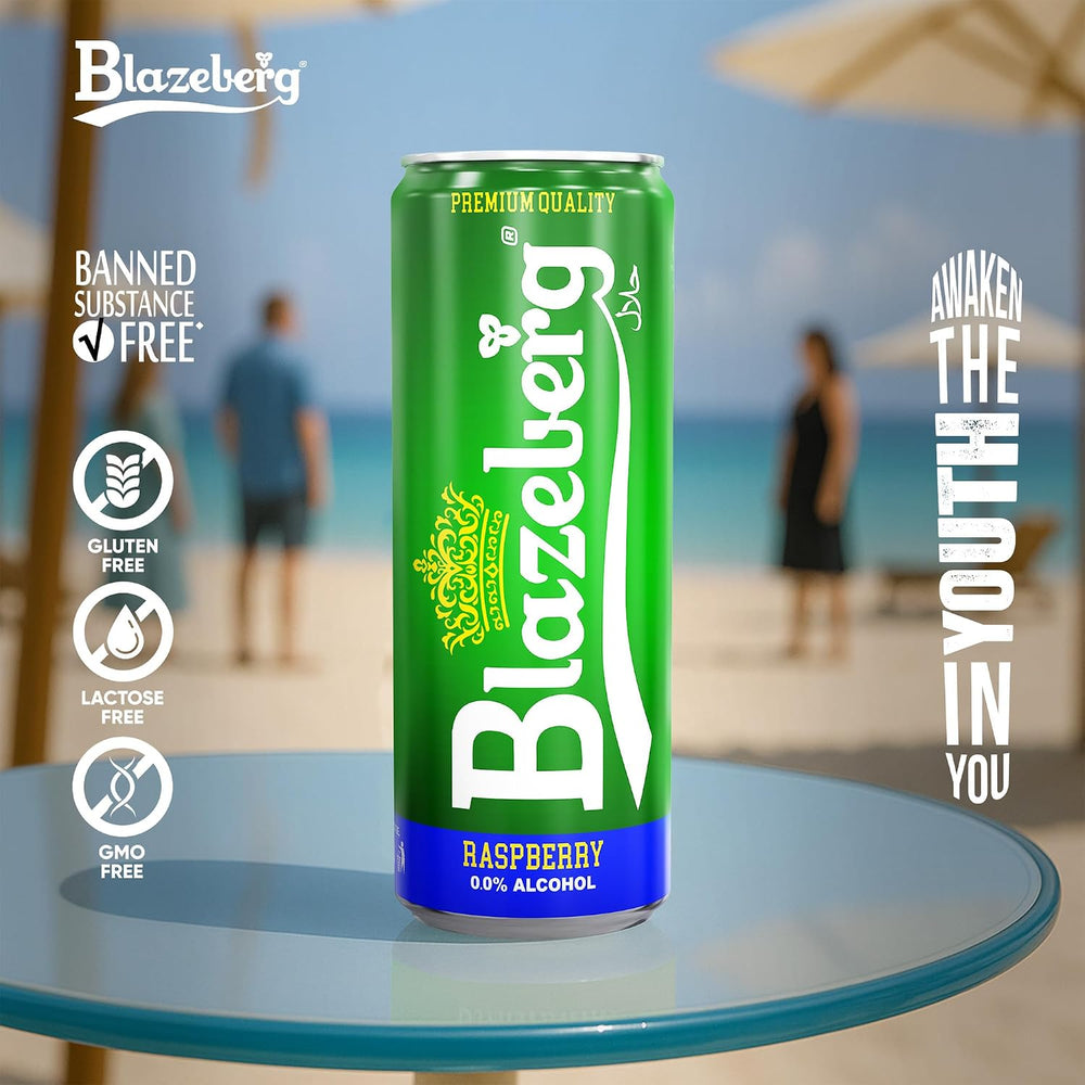 Blazeberg Raspberry Malt Flavour Drink, 0.0% Alcohol, Banned Substance Free, 355ml, Pack of 12