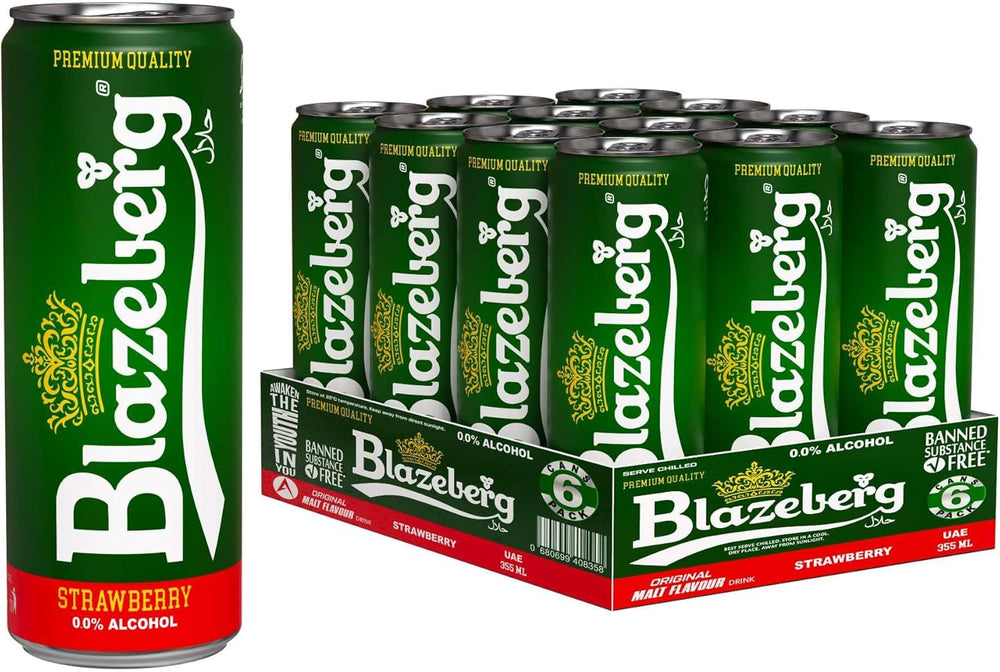 Blazeberg Strawberry Malt Flavour Drink, 0.0% Alcohol, Banned Substance Free, 355ml, Pack of 12