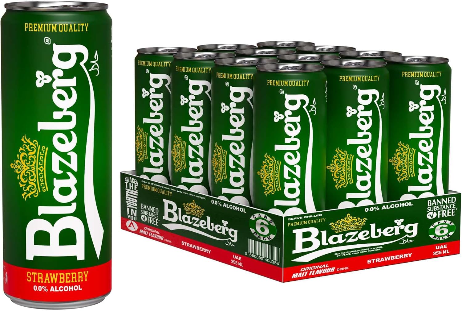 Blazeberg Strawberry Malt Flavour Drink, 0.0% Alcohol, Banned Substance Free, 355ml, Pack of 12