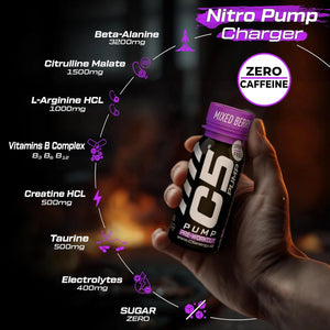 C5 PUMP Shot Pre-Workout, Caffeine-Free (Pack of 12, Mixed Berry)