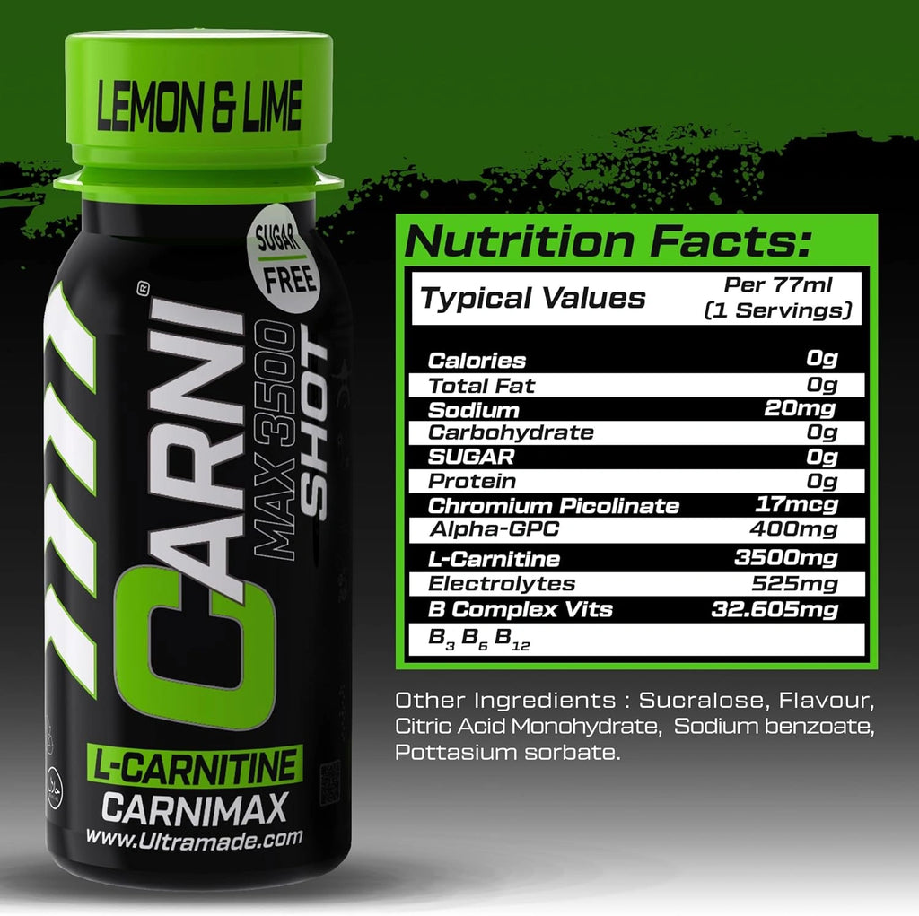 Carni Shot L-Carnitine Sugar-Free Lemon & Lime Pack of 12 - Ultramade