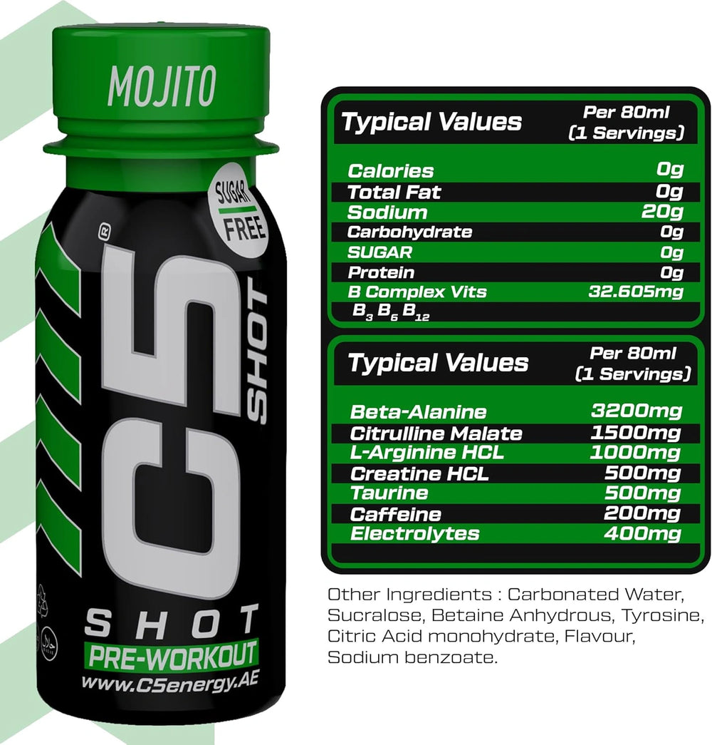 C5 SHOT Pre-Workout Drink | 80ml Liquid Shot | 200mg Caffeine - Mojito