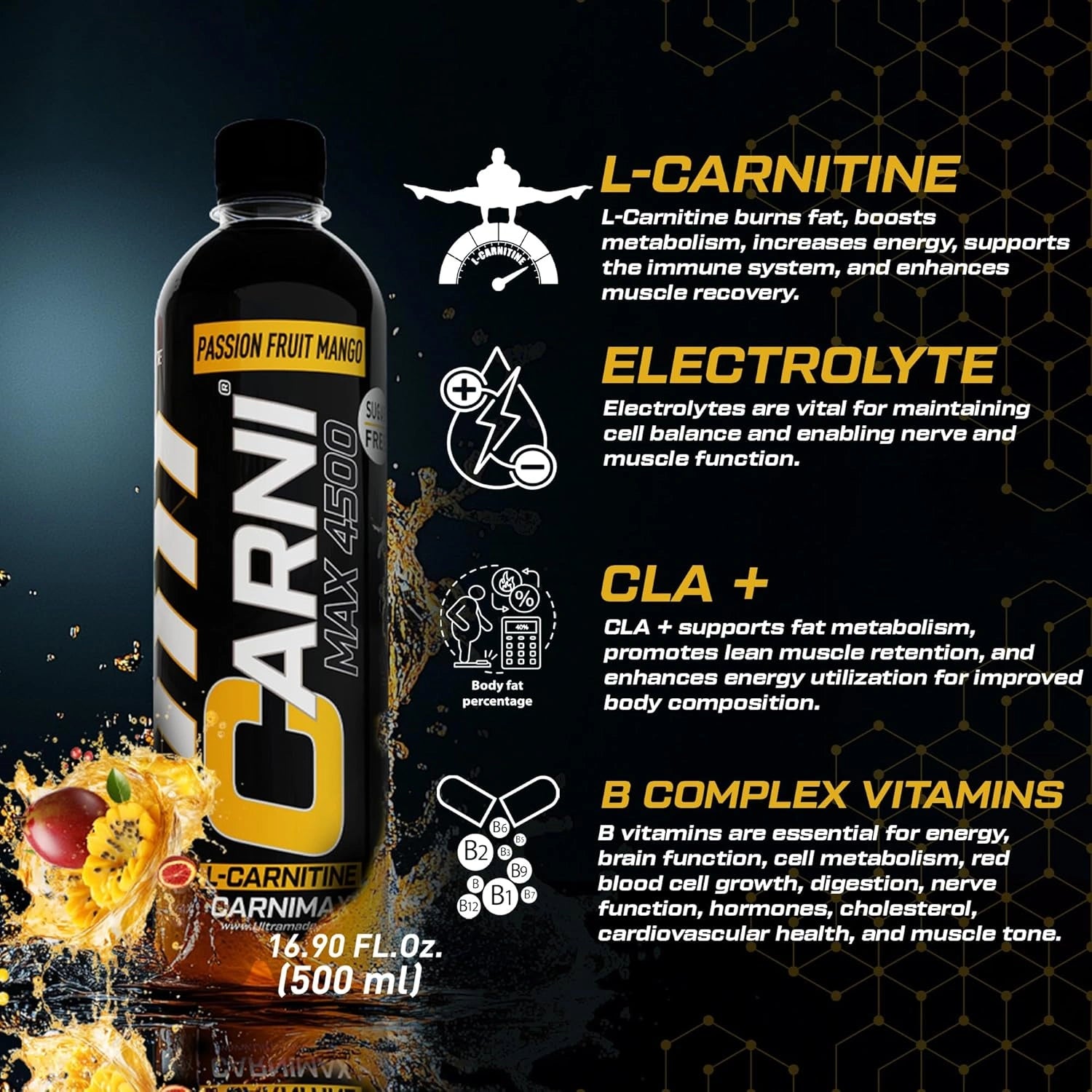 Carnimax L-Carnitine – Passion Fruit Mango – 0g Sugar, 4500mg L-Carnitine - Ultramade