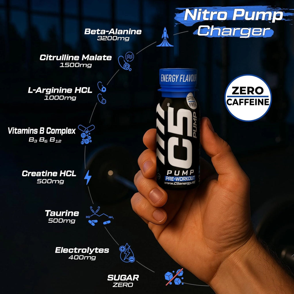 C5 PUMP Shot Pre-Workout, Caffeine-Free (Pack of 12, Energy Flavour) - Ultramade