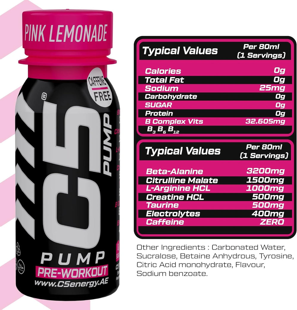 C5 PUMP Shot Pre-Workout, Caffeine-Free (Pack of 12, Pink Lemonade)