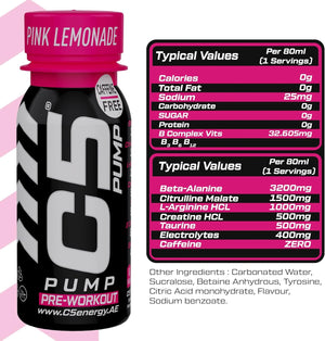 C5 PUMP Shot Pre-Workout, Caffeine-Free (Pack of 12, Pink Lemonade)