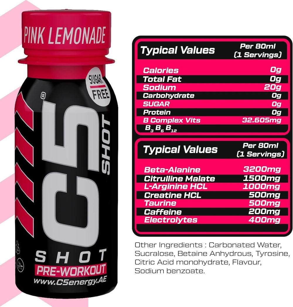 C5 SHOT Pre-Workout Drink | 80ml Liquid Shot | 200mg Caffeine -Pink Lemonade