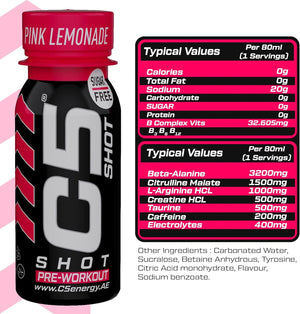 C5 SHOT Pre-Workout Drink | 80ml Liquid Shot | 200mg Caffeine -Pink Lemonade
