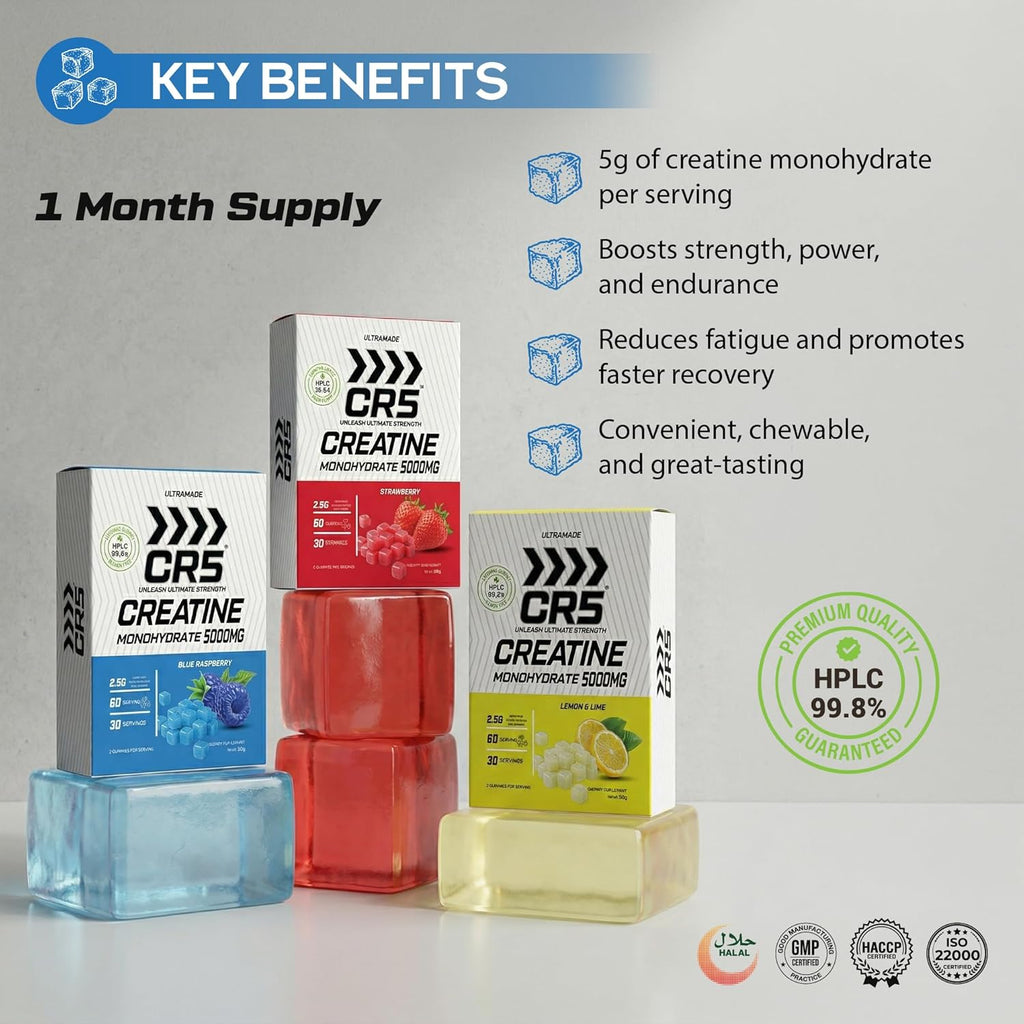 CR5 Creatine Gummies 5000mg – Strawberry Flavor – 5g Per Serving, 99.8% Purity, 60 Gummies (30 Servings) - Ultramade