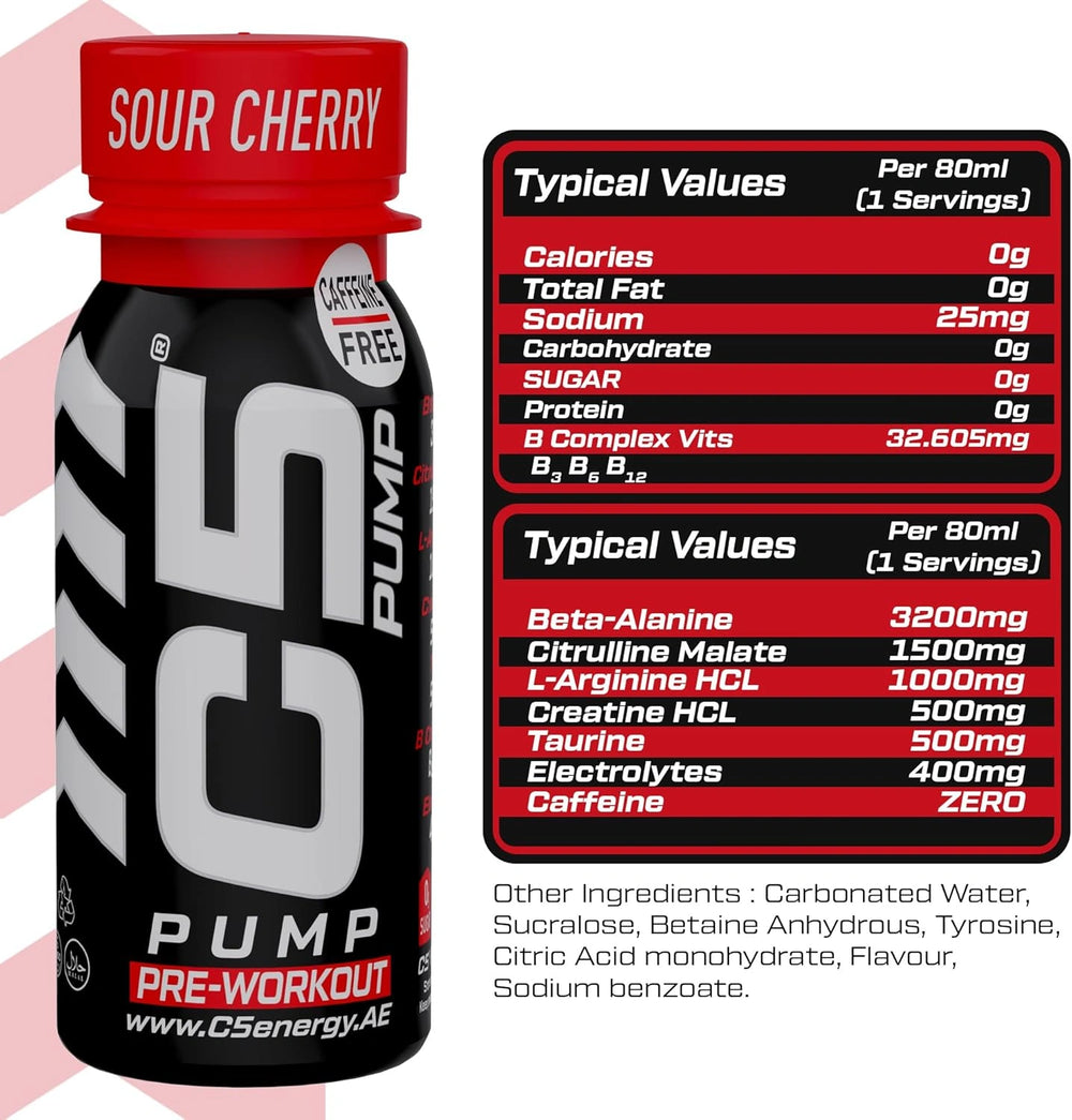 C5 PUMP Shot Pre-Workout, Caffeine-Free (Pack of 12, Sour Cherry)