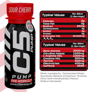 C5 PUMP Shot Pre-Workout, Caffeine-Free (Pack of 12, Sour Cherry)