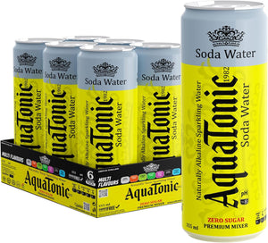 AquaTonic Soda Water Zero Sugar Premium Mixer - Naturally Sparkling Soda Water, Low Calorie Drink Mixer, 355ml Can - pack of 6