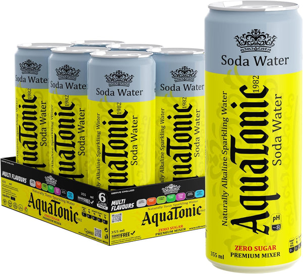 AquaTonic Soda Water Zero Sugar Premium Mixer - Naturally Sparkling Soda Water, Low Calorie Drink Mixer, 355ml Can - pack of 6
